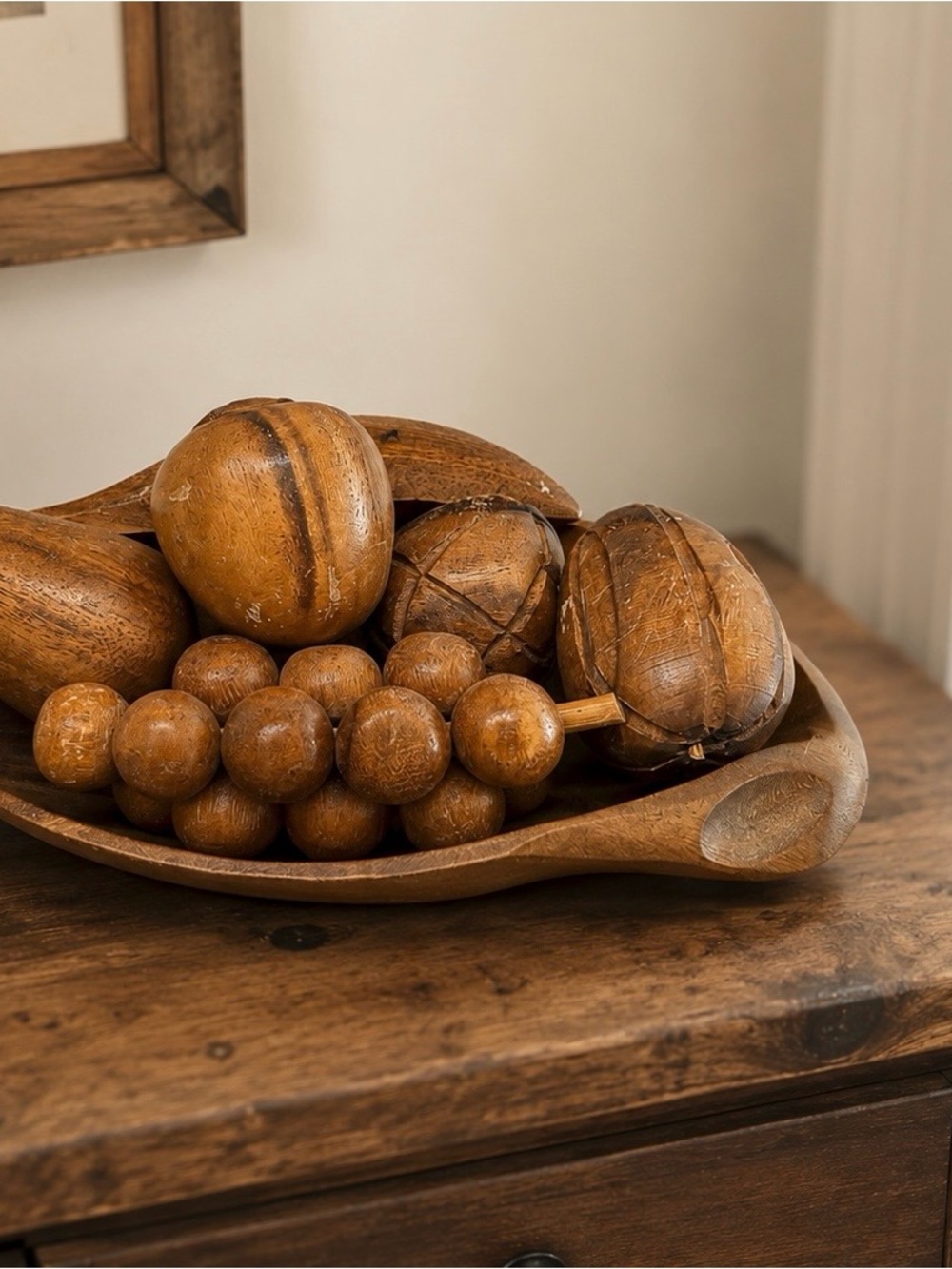 Rare Midcentury Vintage Monkey Wood Fruit and Bowl Set